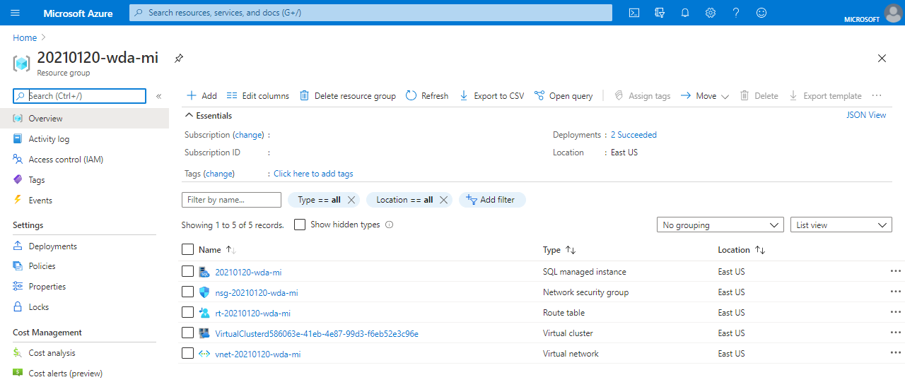 Azure portal の SQL Managed Instance リソースのスクリーンショット。