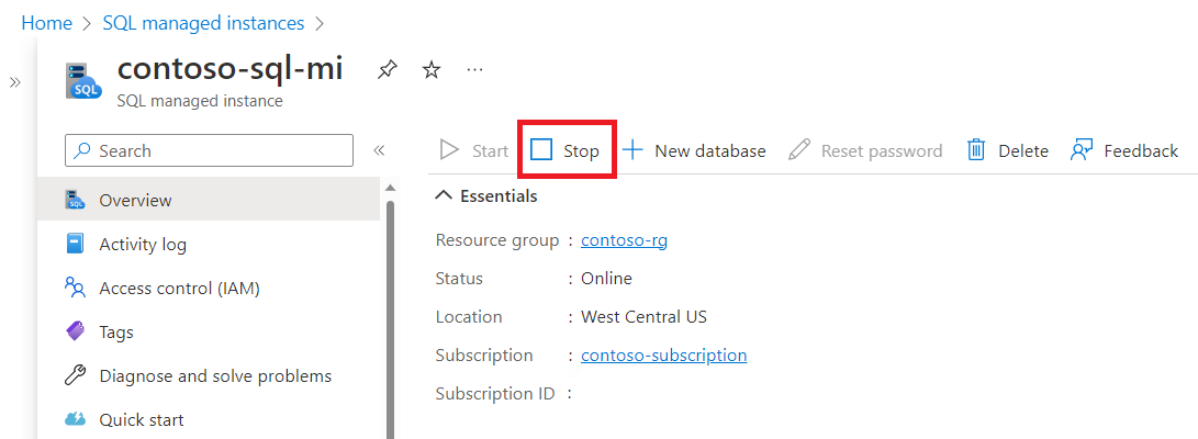 Azure portal のマネージド インスタンスの [概要] ページを表すスクリーンショット。[停止] ボタンが強調表示されています。