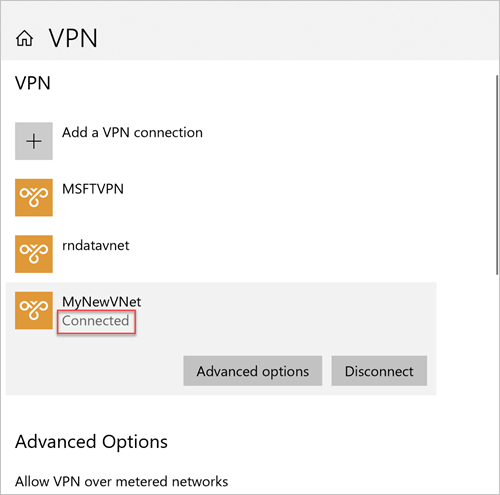 接続を確立したときの、接続済みのメッセージが強調表示されている Windows の [VPN 接続] 画面のスクリーンショット。