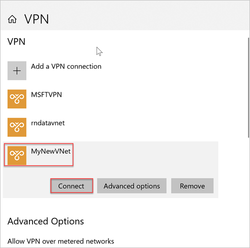 Windows の [VPN 接続] 画面のスクリーンショット。