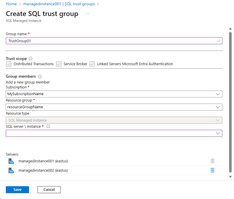 スクリーンショットは、[SQL 信頼グループの作成] の作成ページと値を示しています。