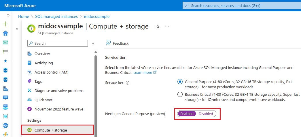 Next-gen General Purpose が選択された状態の、Azure portal のインスタンスの 