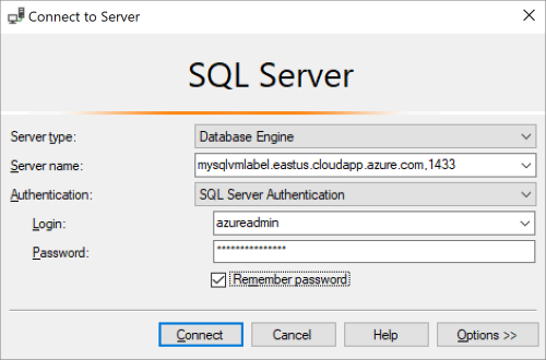 Azure VM 上の SQL Server への接続に必要な詳細を示すスクリーンショット。