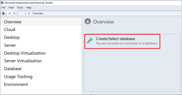 [Create/Select database]\(データベースの作成/選択\) オプションを示すスクリーンショット。