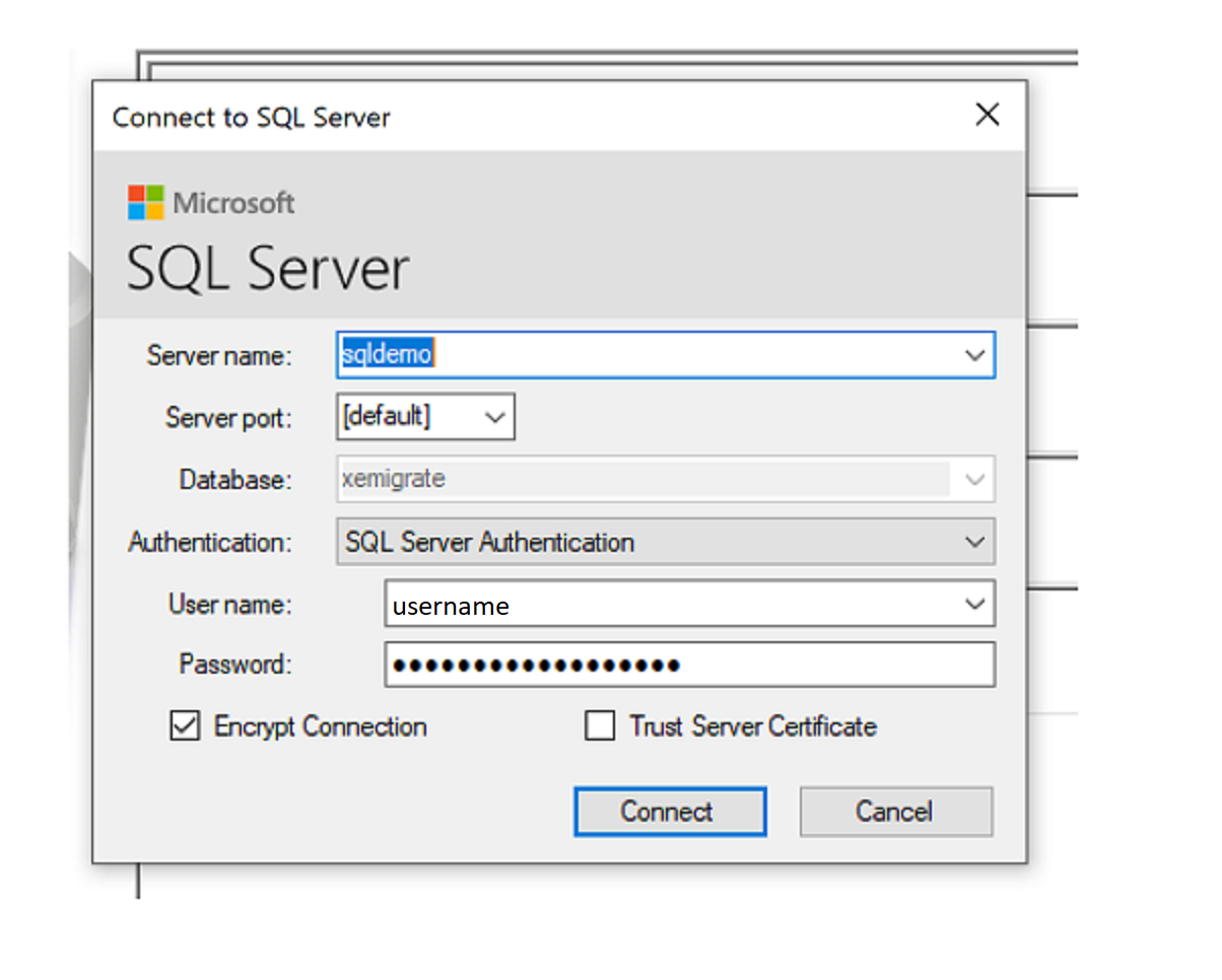 SQL ターゲットに接続するステップを示すスクリーンショット。