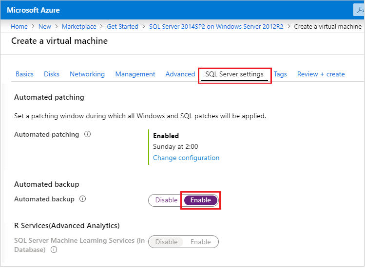 Azure portal での SQL 自動バックアップ構成のスクリーンショット