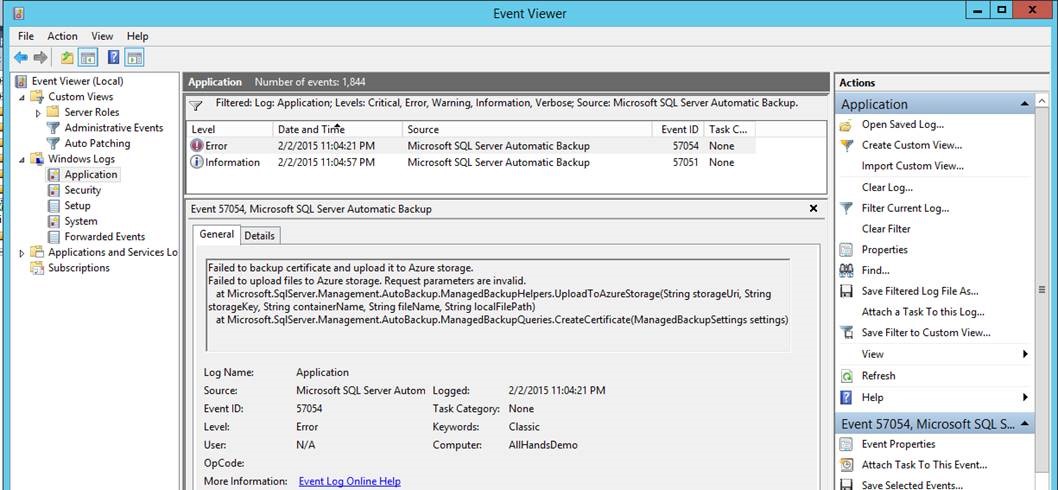 VM のイベント ログに表示されるエラー メッセージのスクリーンショット。