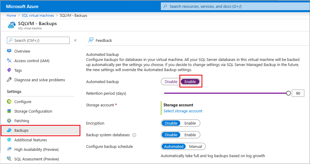 ポータルの既存の VM に対する自動バックアップのスクリーンショット。