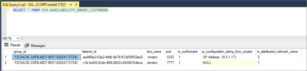 sys.availability_group_listeners を使用して、is_distributed_network_name の値が 1 である DNN リスナーを識別する