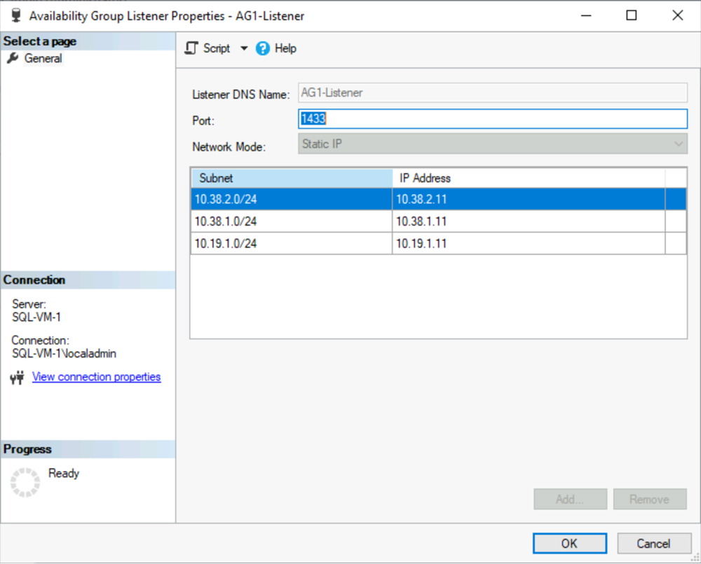 SSMS の [Availability Group Listener Properties] (可用性グループ リスナー プロパティ) ウィンドウのスクリーンショット。リスナーに使用されている両方の IP アドレスが表示されています。