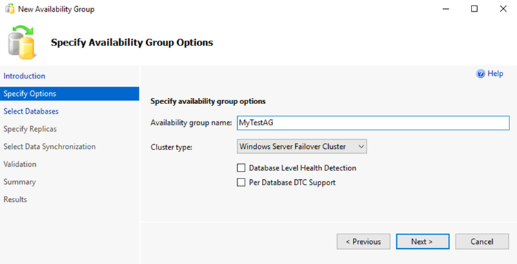 SSMS の新しい可用性グループ ウィザードで可用性グループ名を指定する方法を示すスクリーンショット。