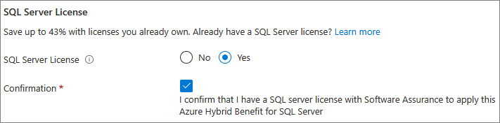 Azure ポータルの SQL VM ライセンス オプションのスクリーンショット。