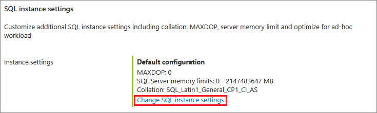 SQL VM インスタンスの SQL Server 設定を構成できる場所を示すスクリーンショット.