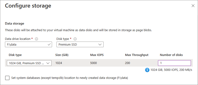SQL VM のデータ ファイル ストレージを構成できる場所を示すスクリーンショット