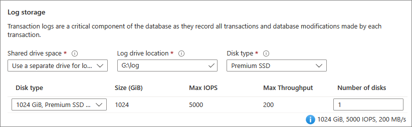 SQL VM のトランザクション ログ ストレージを構成できる場所を示すスクリーンショット