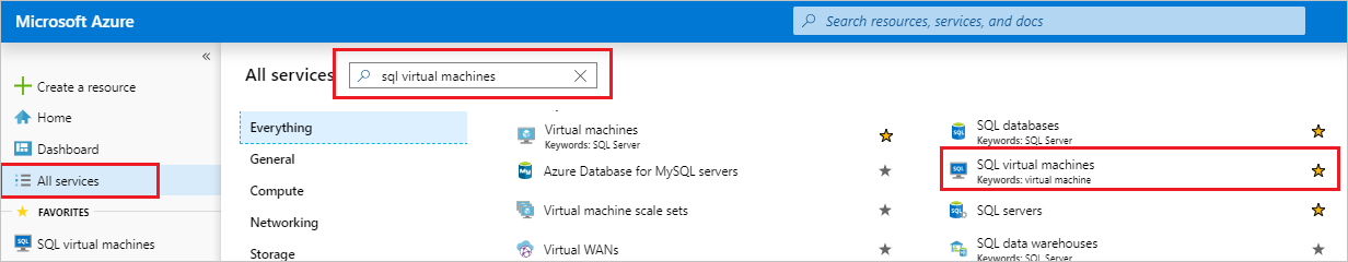 [すべてのサービス] が選択され、検索ボックスが強調されている、Azure portal のスクリーンショット。