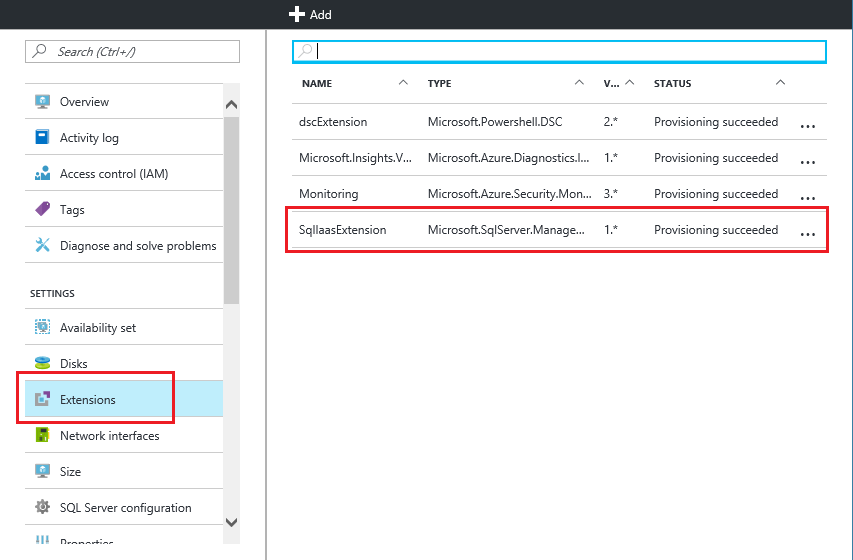 Azure portal で SQL Server IaaS エージェント拡張機能 (SqlIaaSExtension) の状態を確認する