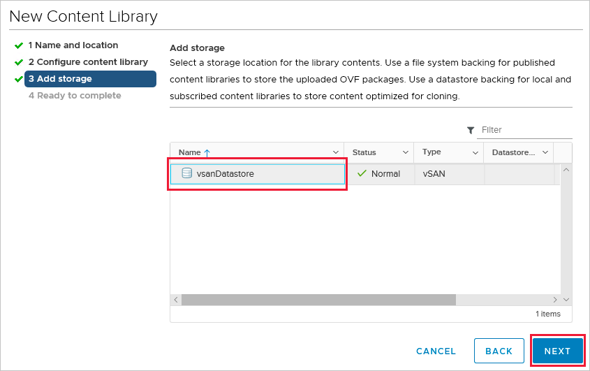 選択された保存場所 vsanDatastore を示すスクリーンショット。