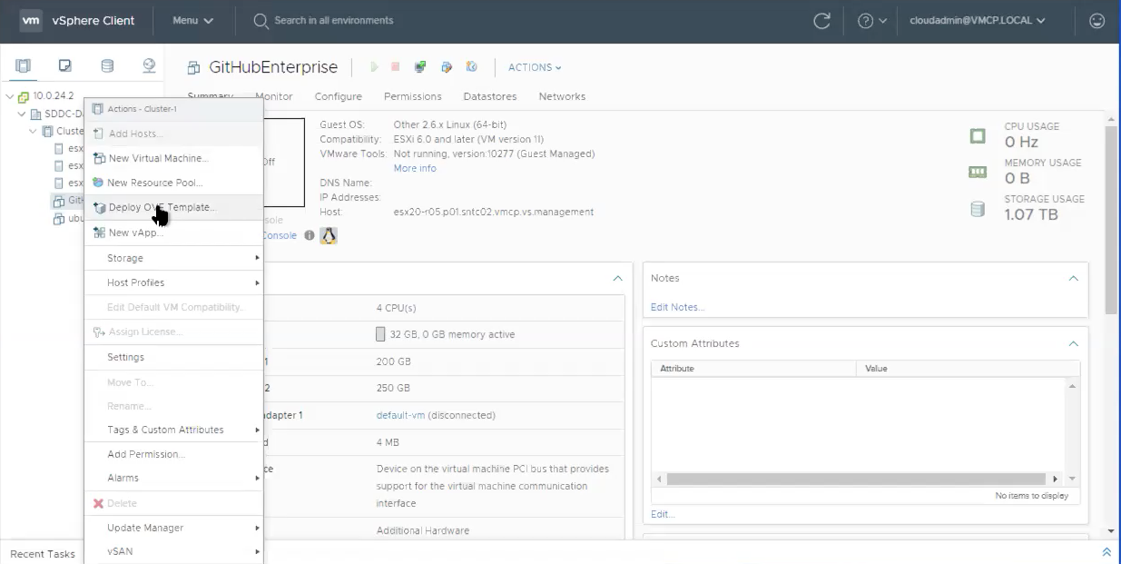 Screenshot showing the Deploy the OVA Template menu option.