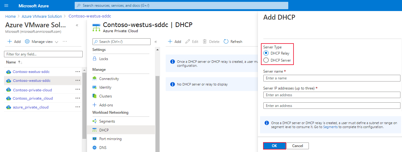 Azure VMware Solution に DHCP サーバーまたは DHCP リレーを追加する方法を示すスクリーンショット。