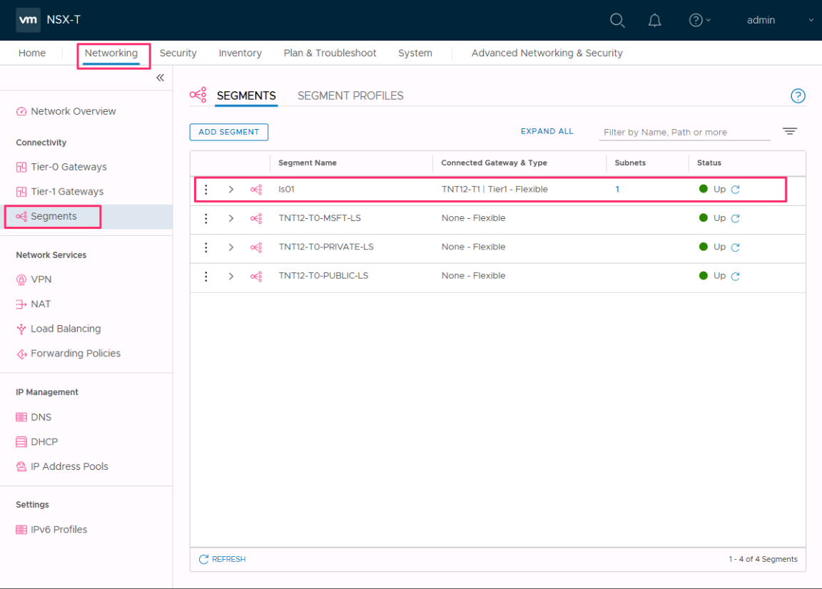 新しいネットワーク セグメントが NSX に存在することの確認と状態を示すスクリーンショット。