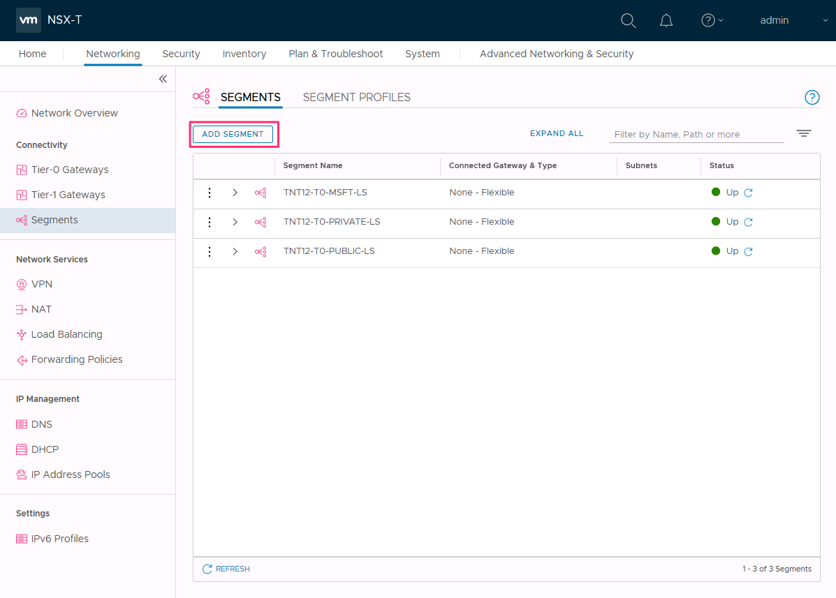 NSX Manager で新しいセグメントを追加する方法を示すスクリーンショット。