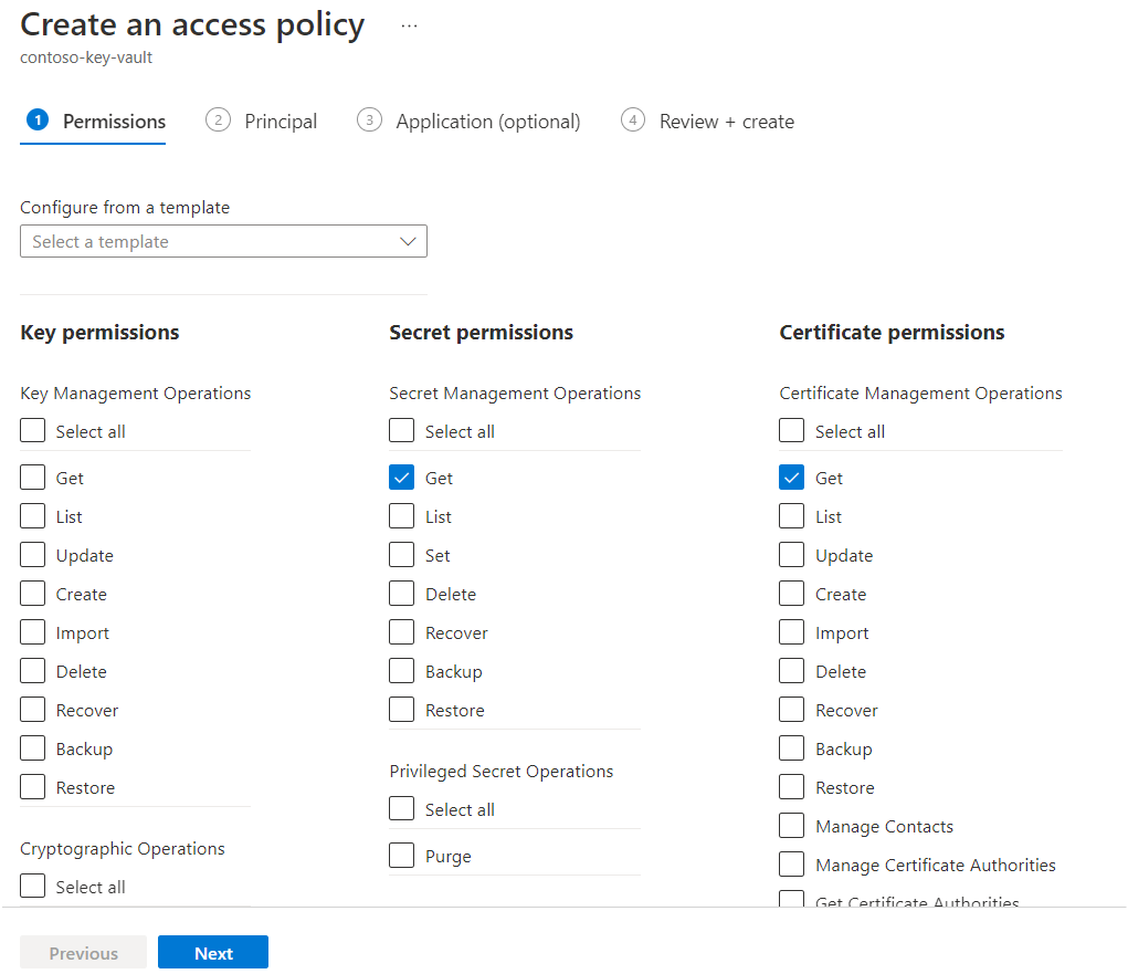 Screenshot of permissions selection in Key Vault.