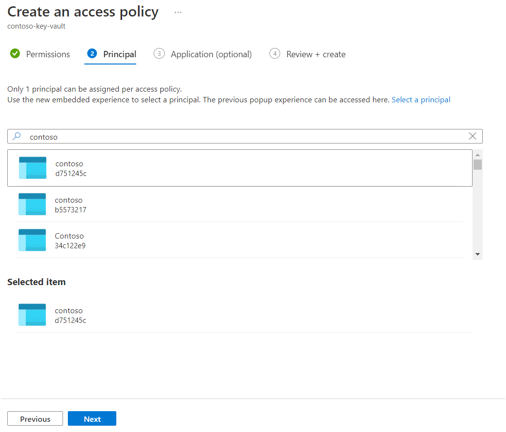 Screenshot of principal selection in Key Vault.