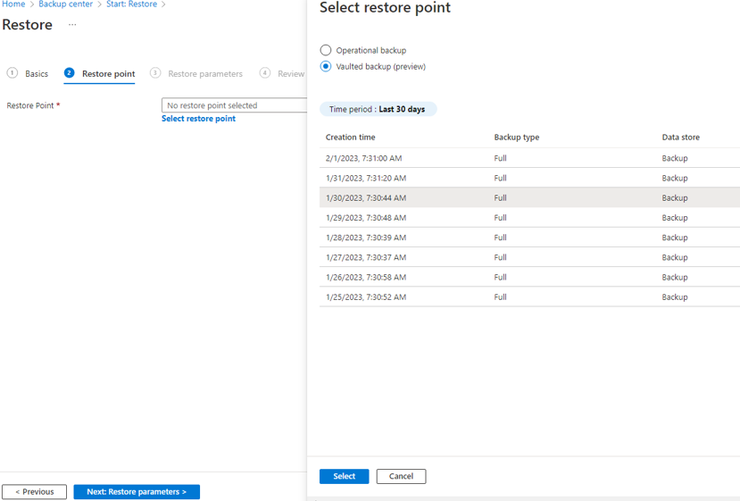 Screenshot shows the restore options for blob backup.