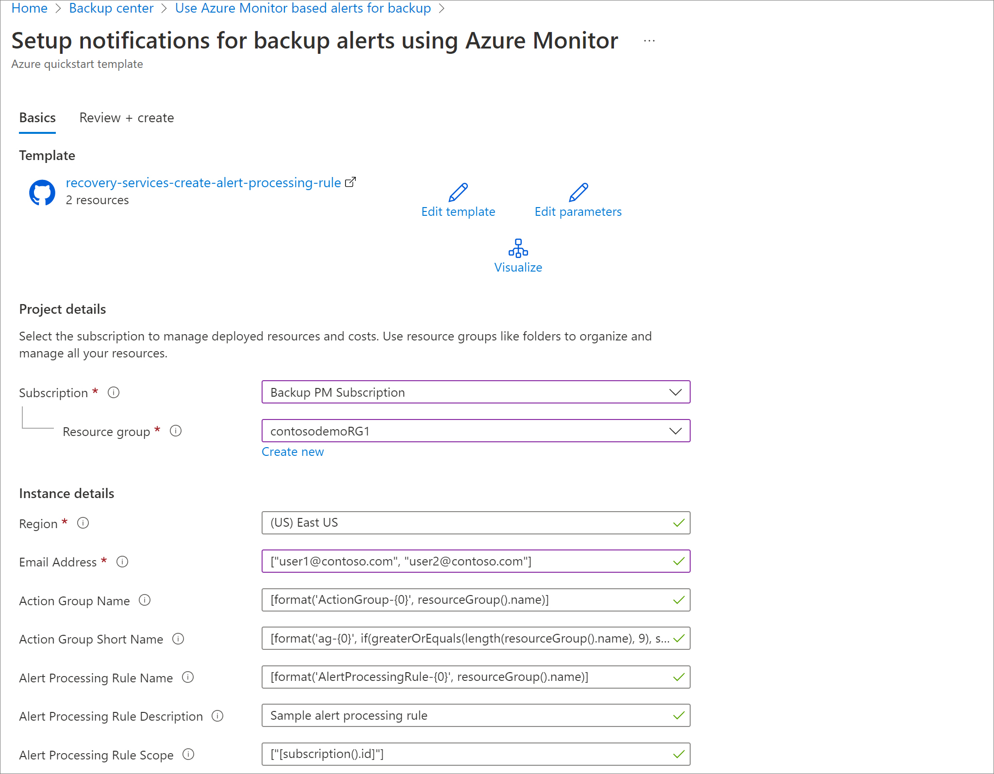 Azure Monitor アラートの通知ルールを設定するためのテンプレート パラメーターを示すスクリーンショット。