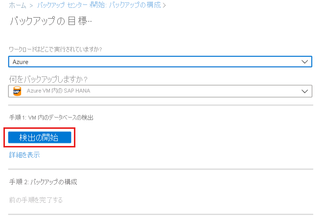 HANA データベースを検出する方法を示すスクリーンショット。