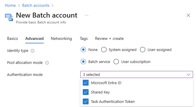 Batch アカウントを作成するときの認証モード オプションのスクリーンショット。
