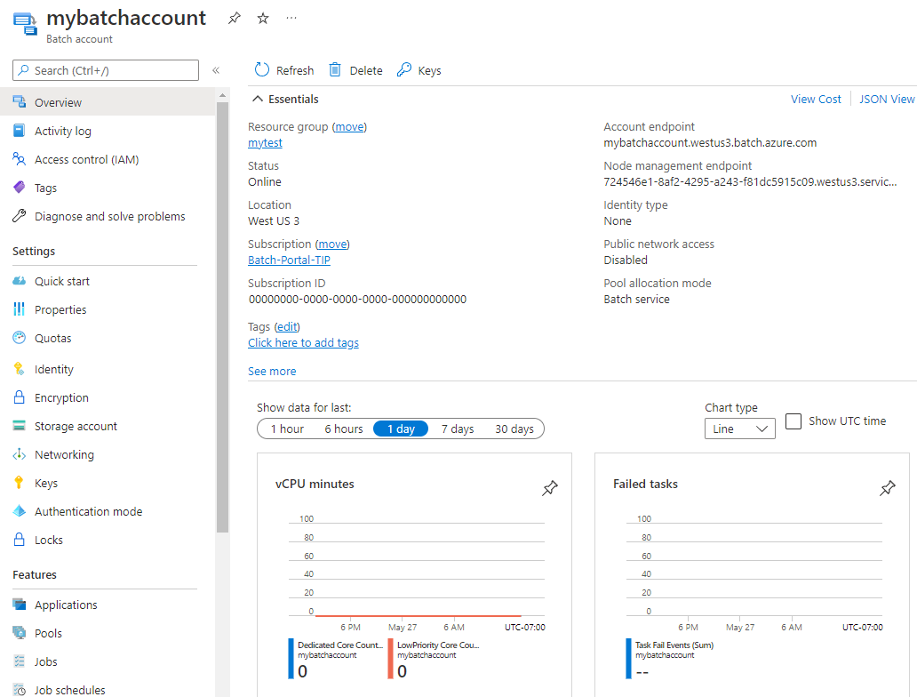 Azure portal の Batch アカウント ページのスクリーンショット。