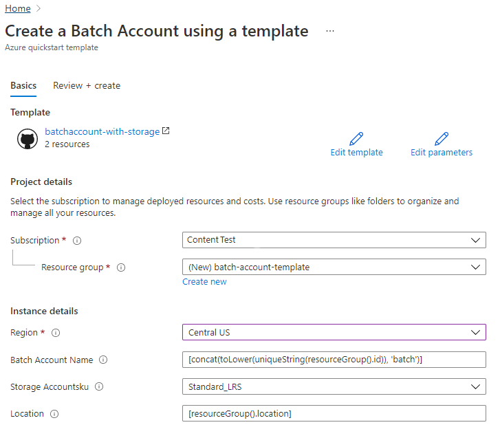 Resource Manager テンプレート、Batch アカウントの作成、ポータルのデプロイ