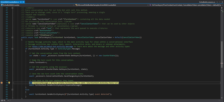 ブレークポイントで一時停止した Visual Studio の C# ボットのスクリーンショット。