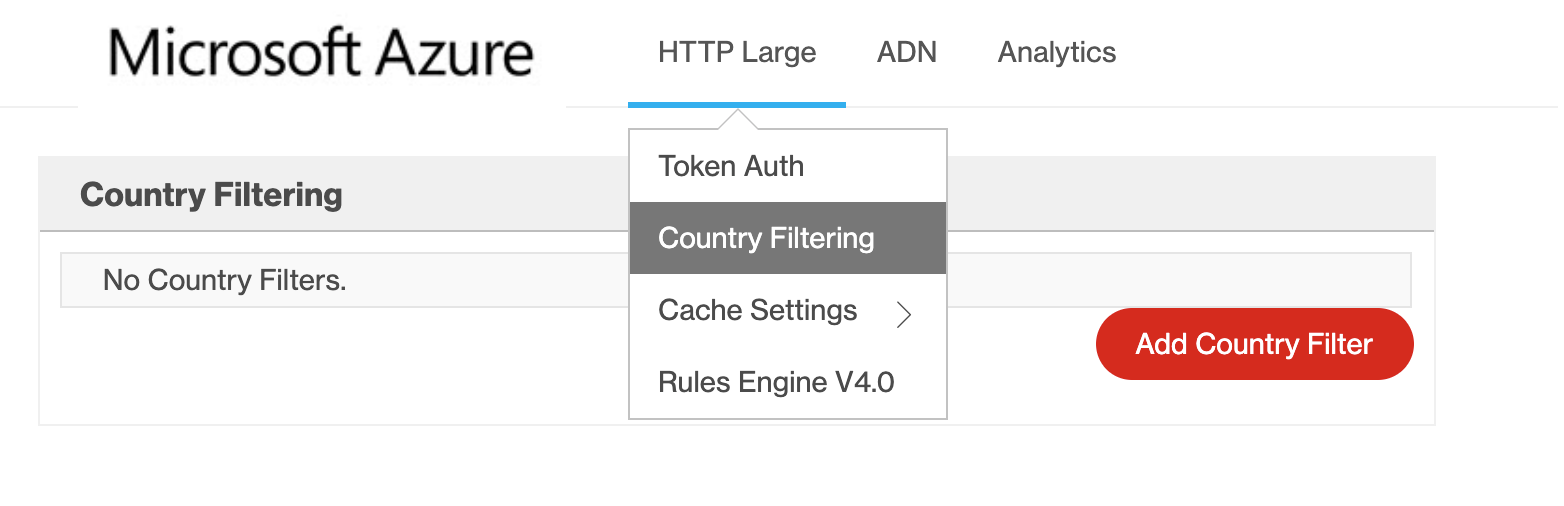 Azure CDN で国のフィルタリングを選択する方法を示すスクリーンショット