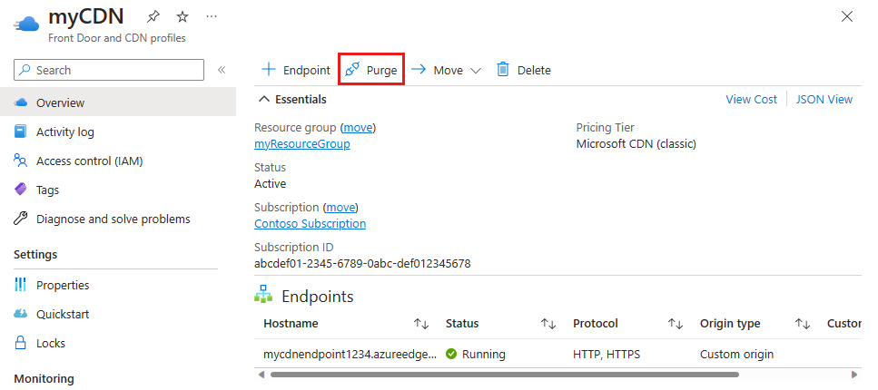 Azure CDN プロファイルの概要ページのスクリーンショット。