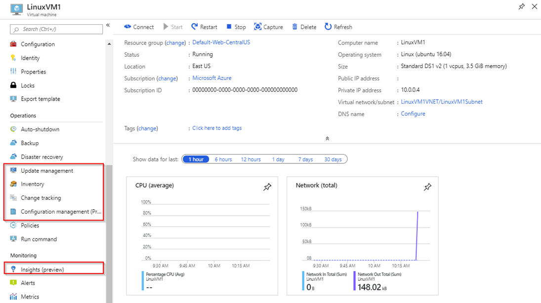 Azure portal 内の仮想マシン設定のスクリーンショット