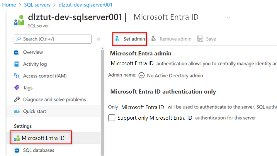 Azure SQL Database サーバーの Microsoft Entra ウィンドウを示すスクリーンショット。