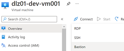 Azure Bastion を使用して VM に接続するための概要ペインのスクリーンショット。