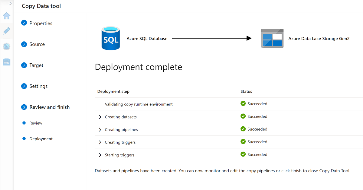 データのコピー ツールのデプロイが完了したことを示すスクリーンショット。