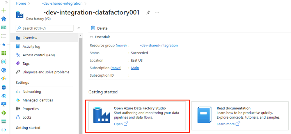 Azure Data Factory Studio を開く方法を示すスクリーンショット。