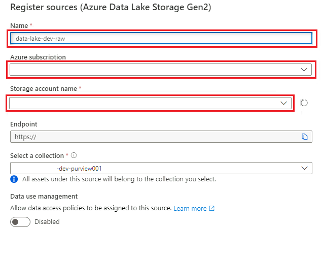 値が強調表示された [Azure Data Lake Storage Gen2 を登録する] ペインを示すスクリーンショット。