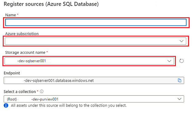 値が強調表示された SQL Database の登録フォームを示すスクリーンショット。