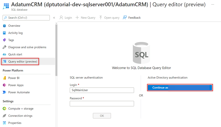 Active Directory 認証を使用してクエリ エディターにサインインする方法を示すスクリーンショット。