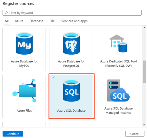 Azure SQL データベース登録ソースを示すスクリーンショット。