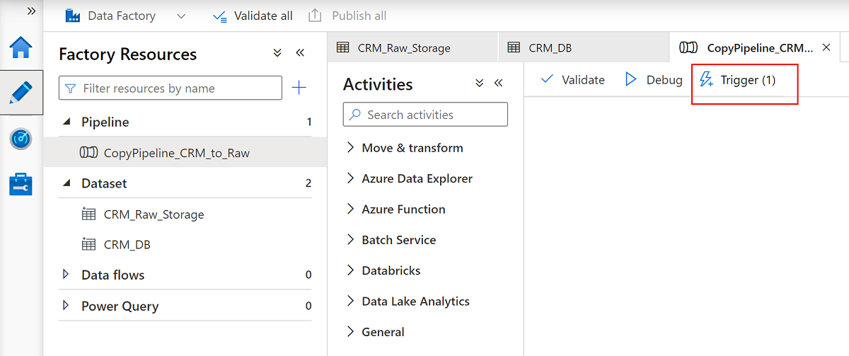 トリガー ツールを使用して、SQL Database から Data Lake Storage Gen2 にデータをコピーする方法を示すスクリーンショット。