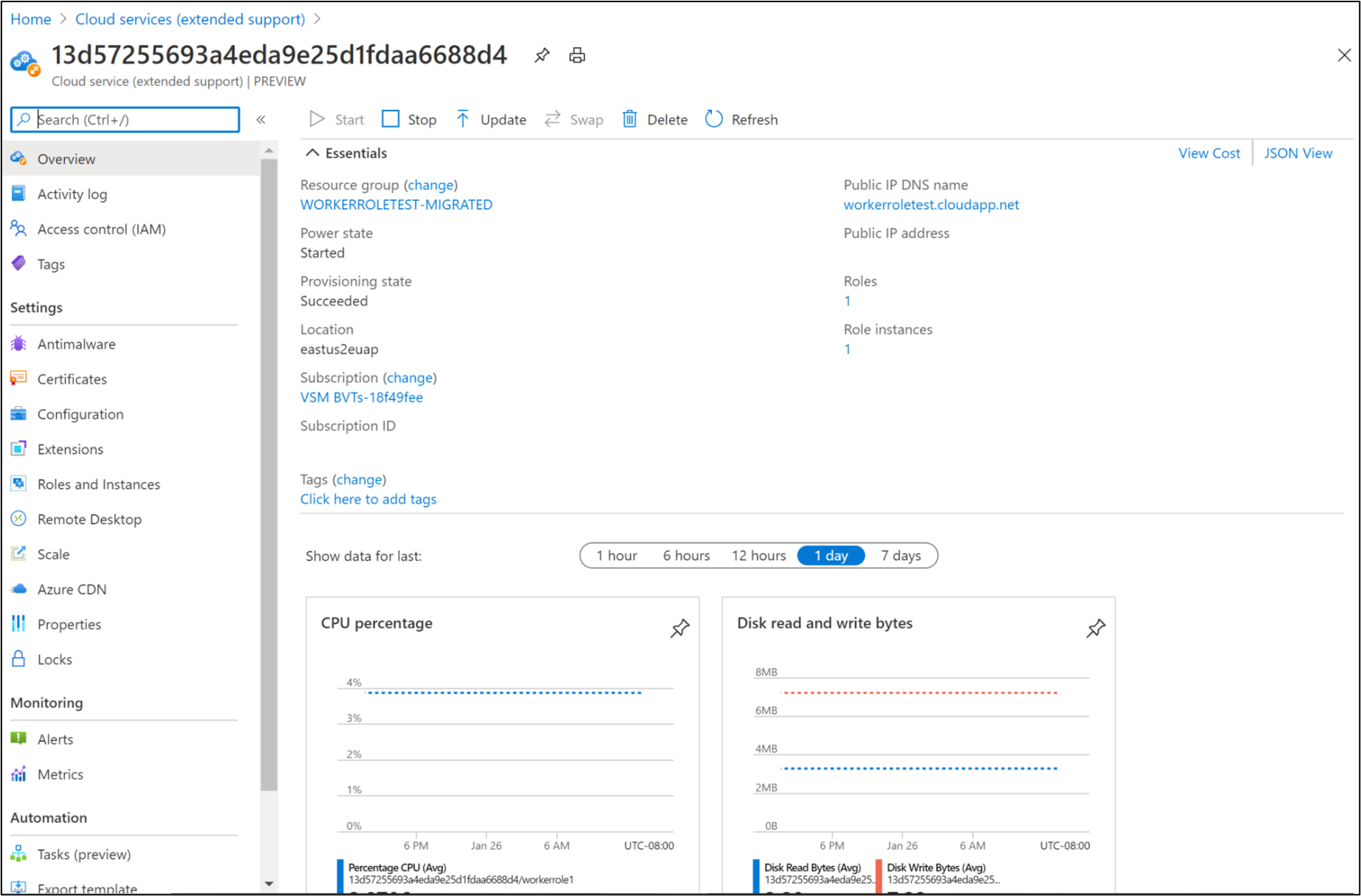 ポータルのブレードでの API のテストを示す画像。