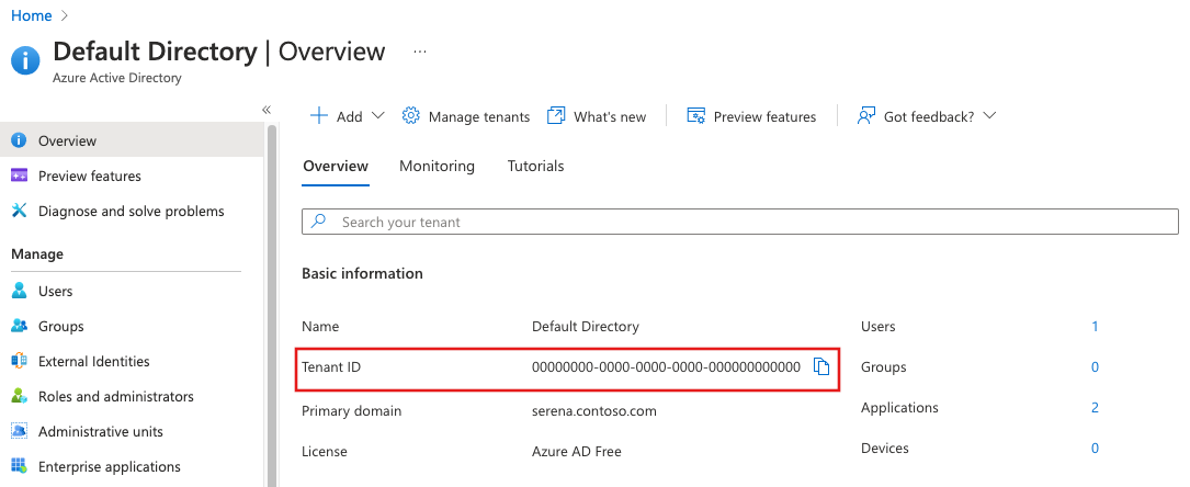 Microsoft Entra のテナント ID をコピーし、保存する方法のスクリーンショット。