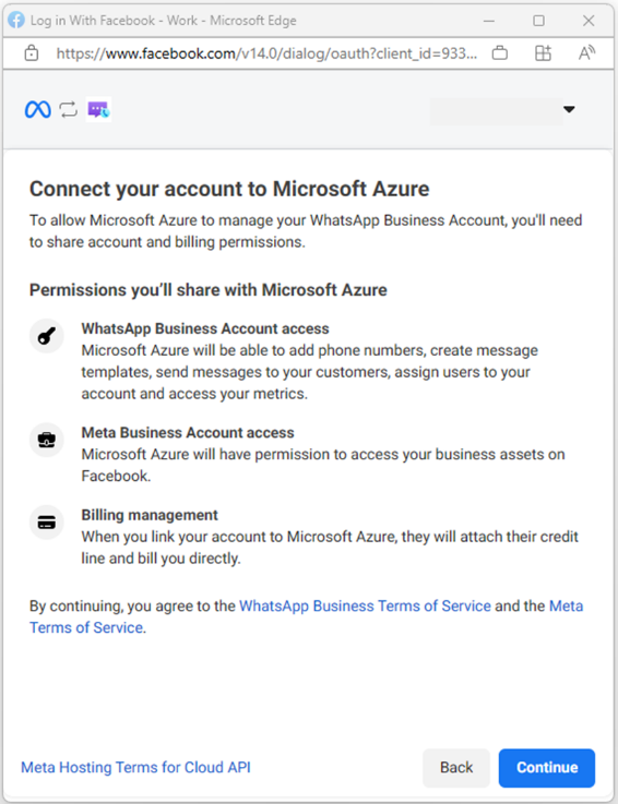 WhatsApp ビジネス アカウントに対する Azure のアクセス許可を示すスクリーンショット。